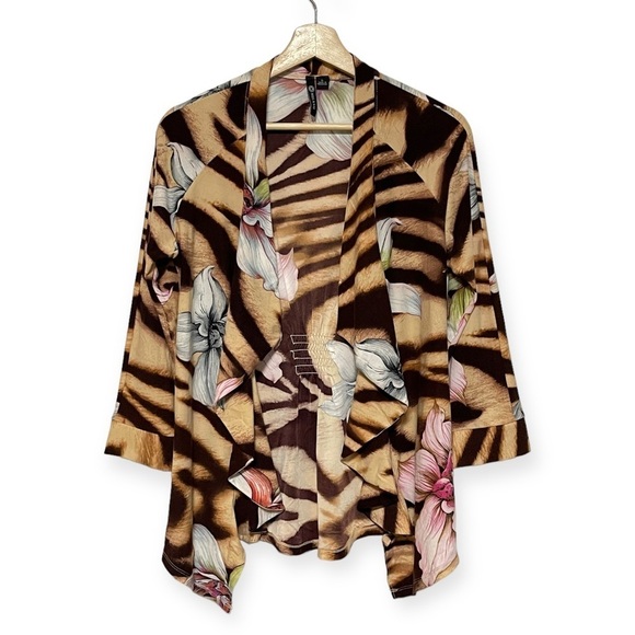 NEW MILANO Cascade Lily Floral Beige Brown Animal Print Open‎ Front Top - Picture 1 of 6